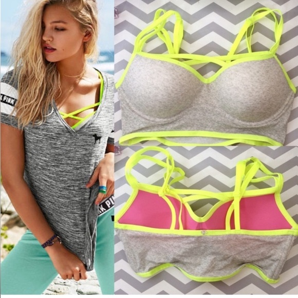 VS Heather Grey Neon Yellow Green Strappy Push-Up Padded Bralette Panty Set - Picture 3 of 14